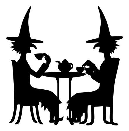 Witches drinking tea at table peacefully figure silhouette stencil black, vector illustration, vertical, over white, isolatedのイラスト素材