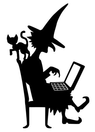 Witch with laptop and cat, sitting using computer figure silhouette stencil black, vector illustration, vertical, over white, isolatedのイラスト素材