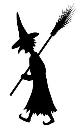 Witch walking with broomstick figure silhouette stencil black, vector illustration, vertical, over white, isolatedのイラスト素材