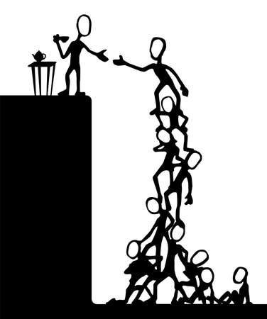 Social climb human ladder scene silhouette cartoon black, vector illustration, vertical, over whiteのイラスト素材