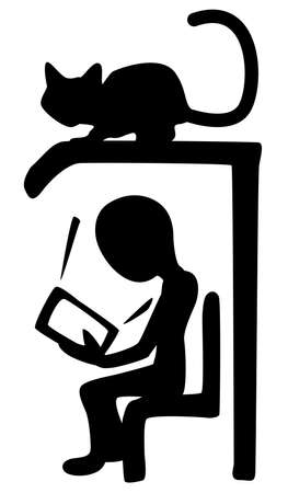 Screen reading figure sitting waiting with cat on roof above, vector illustration symbol stencil black, vertical, isolatedのイラスト素材