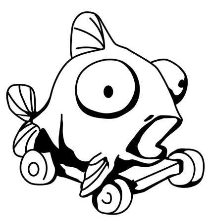 Fish out of water on wheeled cart cartoon line drawing, vector, horizontal, black and white, isolatedのイラスト素材