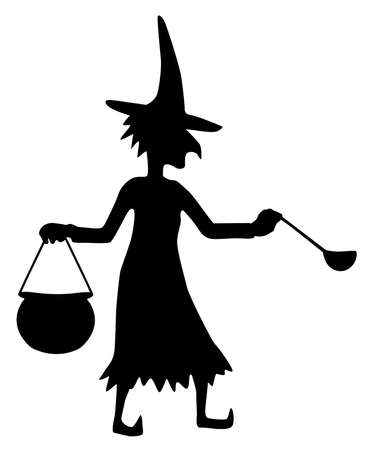 Witch holding cauldron and ladle figure silhouette stencil black, vector illustration, horizontal, over white, isolatedのイラスト素材