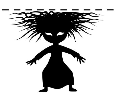 Hairstyle woman bad hair figure silhouette funny cartoon black, hitting invisible ceiling barrier, vector illustration, horizontal, over white, isolatedのイラスト素材