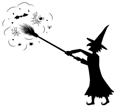 Witch reaching with broomstick figure silhouette stencil black, vector illustration, horizontal, over white, isolatedのイラスト素材