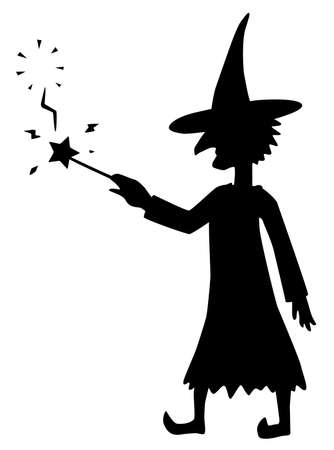Witch magic wand trick failure sizzle figure silhouette stencil black, vector illustration, vertical, over white, isolatedのイラスト素材