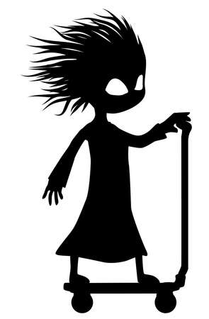 Hairstyle woman bad hair figure silhouette riding scooter cartoon black, vector illustration, vertical, over white, isolatedのイラスト素材