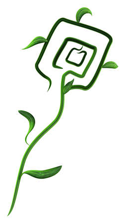 Plant vines green growing twisting square bloom flower abstract, 3d illustration, vertical, isolated, over whiteの写真素材