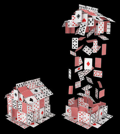 Cards house game gambling abstract roof flying upwards, 3d illustration, vertical, over black, isolatedの写真素材