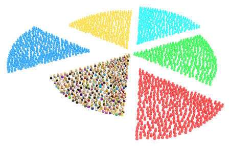 Crowd of small symbolic figures forming pie chart slice shape split, 3d illustration, horizontal, isolated, over whiteの写真素材
