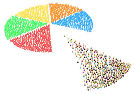 Crowd of small symbolic figures forming pie chart slice shape movement, 3d illustration, horizontal, isolated, over whiteの写真素材