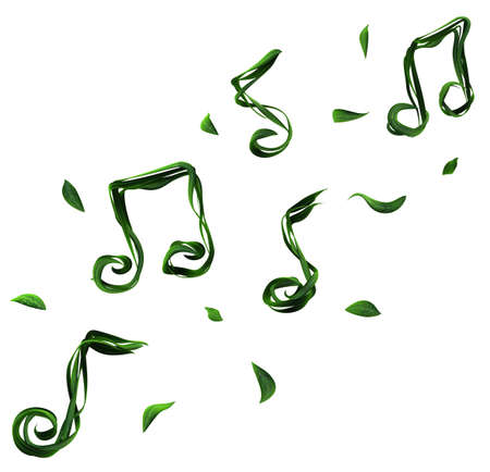 Plant vines green growing twisting music notes shape, 3d illustration, horizontal, isolated, over whiteの写真素材
