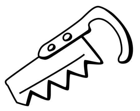 Saw small cartoon line drawing, vector, horizontal, black and white, isolatedのイラスト素材