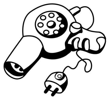 Hair drier cartoon line drawing, vector, horizontal, black and white, isolatedのイラスト素材