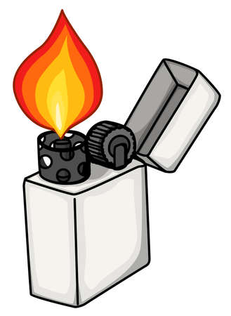 Burning fire pocket lighter object cartoon color drawing, vector illustration, horizontal, over white, isolatedのイラスト素材
