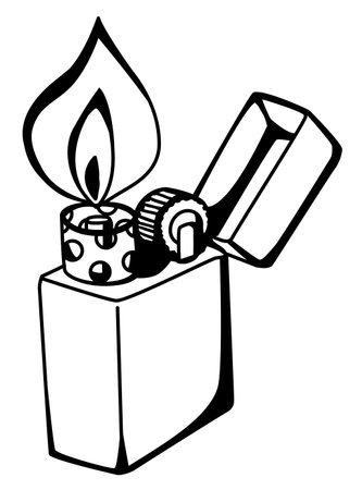 Burning fire pocket lighter object cartoon line drawing, vector, horizontal, black and white, isolatedのイラスト素材