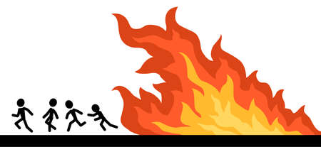 People running from chasing fire wave cartoon color vector illustration, horizontalのイラスト素材