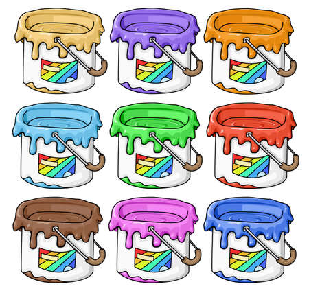 Paint can bucket object colors set cartoon drawing, vector illustration, horizontal, over white, isolatedのイラスト素材