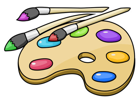 Palette paints object cartoon color drawing, vector illustration, horizontal, over white, isolatedのイラスト素材