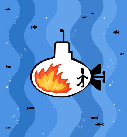 Fire on a submarine underwater cartoon color vector illustration, horizontalのイラスト素材