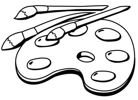 Palette paints object cartoon line drawing, vector, horizontal, black and white, isolatedのイラスト素材