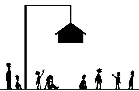 Unattainable housing scene silhouette cartoon black, vector illustration, horizontal, over whiteのイラスト素材