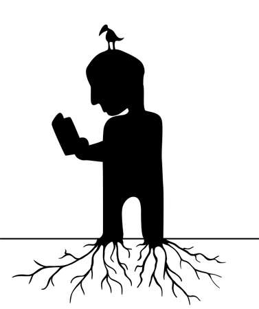Rooted reader scene silhouette cartoon black, vector illustration, horizontal, over whiteのイラスト素材