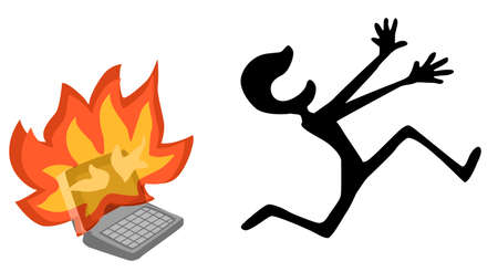 User running from burning laptop computer screen, cartoon color vector illustration, horizontal, isolatedのイラスト素材