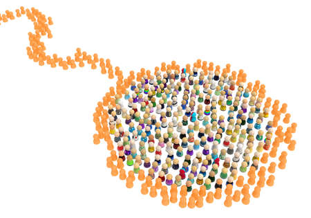 Crowd of small symbolic figures, color group orange ring, 3d illustration, horizontal background, over white, isolatedの写真素材