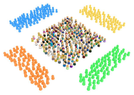 Crowd of small symbolic figures, color groups squared, 3d illustration, horizontal background, over white, isolatedの写真素材