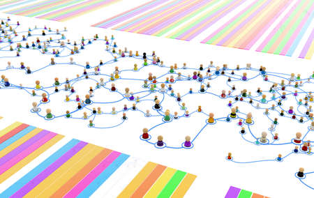 Crowd of small symbolic 3d figures linked by lines, complex layered system between two sets of color stripes, over white, horizontalの写真素材