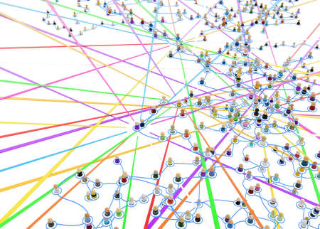 Crowd of small symbolic 3d figures linked by lines, complex layered system with color rays crossing underneath, over white, horizontalの写真素材