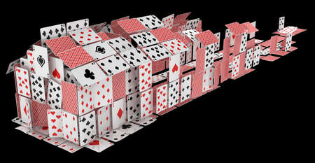Cards house game gambling abstract long construction build, 3d illustration, horizontal, over black, isolatedの写真素材