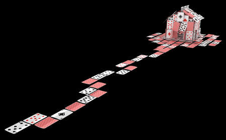 Cards house game gambling abstract narrow path, 3d illustration, horizontal, over black, isolatedの写真素材