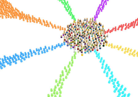 Crowd of small symbolic figures, color group radiate, 3d illustration, horizontal background, over white, isolatedの写真素材
