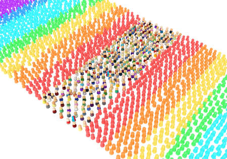 Crowd of small symbolic figures, color group squeezed, 3d illustration, horizontal background, over white, isolatedの写真素材