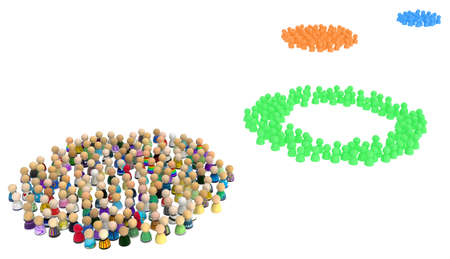 Crowd of small symbolic figures, color ring groups, 3d illustration, horizontal background, over white, isolatedの写真素材