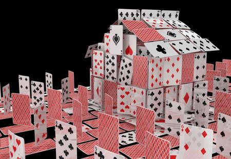 Cards house game gambling abstract outside build, 3d illustration, horizontal, over black, isolatedの写真素材