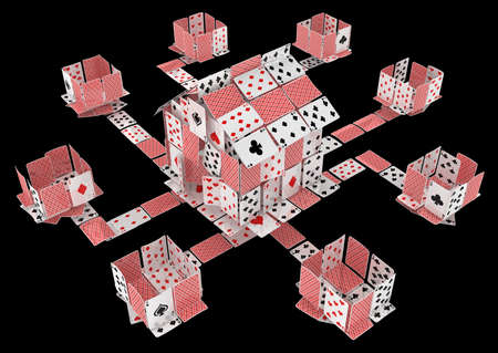 Cards house game gambling abstract outside boxes connected, 3d illustration, horizontal, over black, isolatedの写真素材