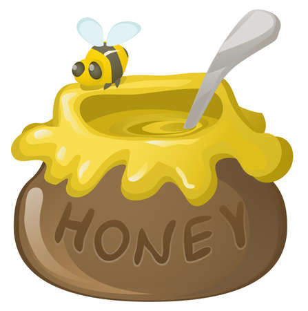 Honey pot with bee cartoon design element, isolated vector, horizontalのイラスト素材