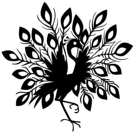 Peacock feathers spread standing pose stencil black, vector illustration, horizontal, isolatedのイラスト素材