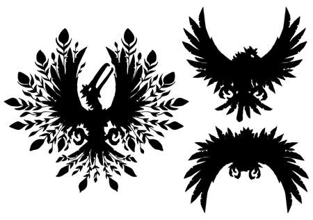 Fantasy bird plumage cartoon black silhouette, vector illustration, horizontal, isolated, over whiteのイラスト素材