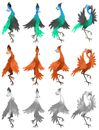 Peacock dancing poses, cartoon design element set color variants, isolated vector, verticalのイラスト素材