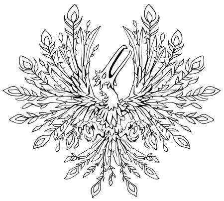 Fantasy bird plumage stencil line drawing black, vector illustration, horizontal, isolatedのイラスト素材