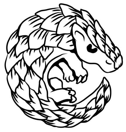 Pangolin curling round animal stencil black, vector illustration, horizontal, isolatedのイラスト素材