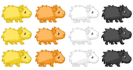 Guinea pig walking cartoon design element set, isolated color vector, horizontalのイラスト素材