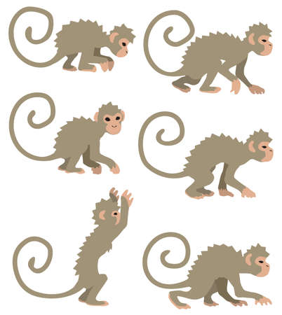 Monkeys cartoon design element set, isolated color vector, horizontalのイラスト素材