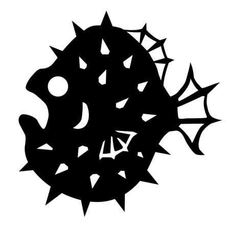 Puffy fish cartoon stencil black, vector illustration, horizontal, isolatedのイラスト素材