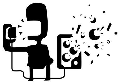 Radio shout loud breaking out equipment funny figure silhouette stencil black, vector illustration, horizontal, over white, isolatedのイラスト素材