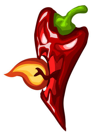 Chili pepper fire breathing cartoon color vector illustration, vertical, over white, isolatedのイラスト素材